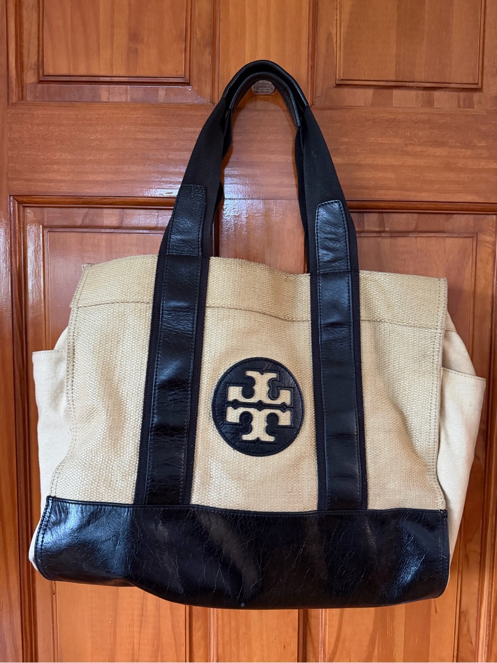Tory Burch Beige Canvas Tote with Black Leather Trim and Logo
